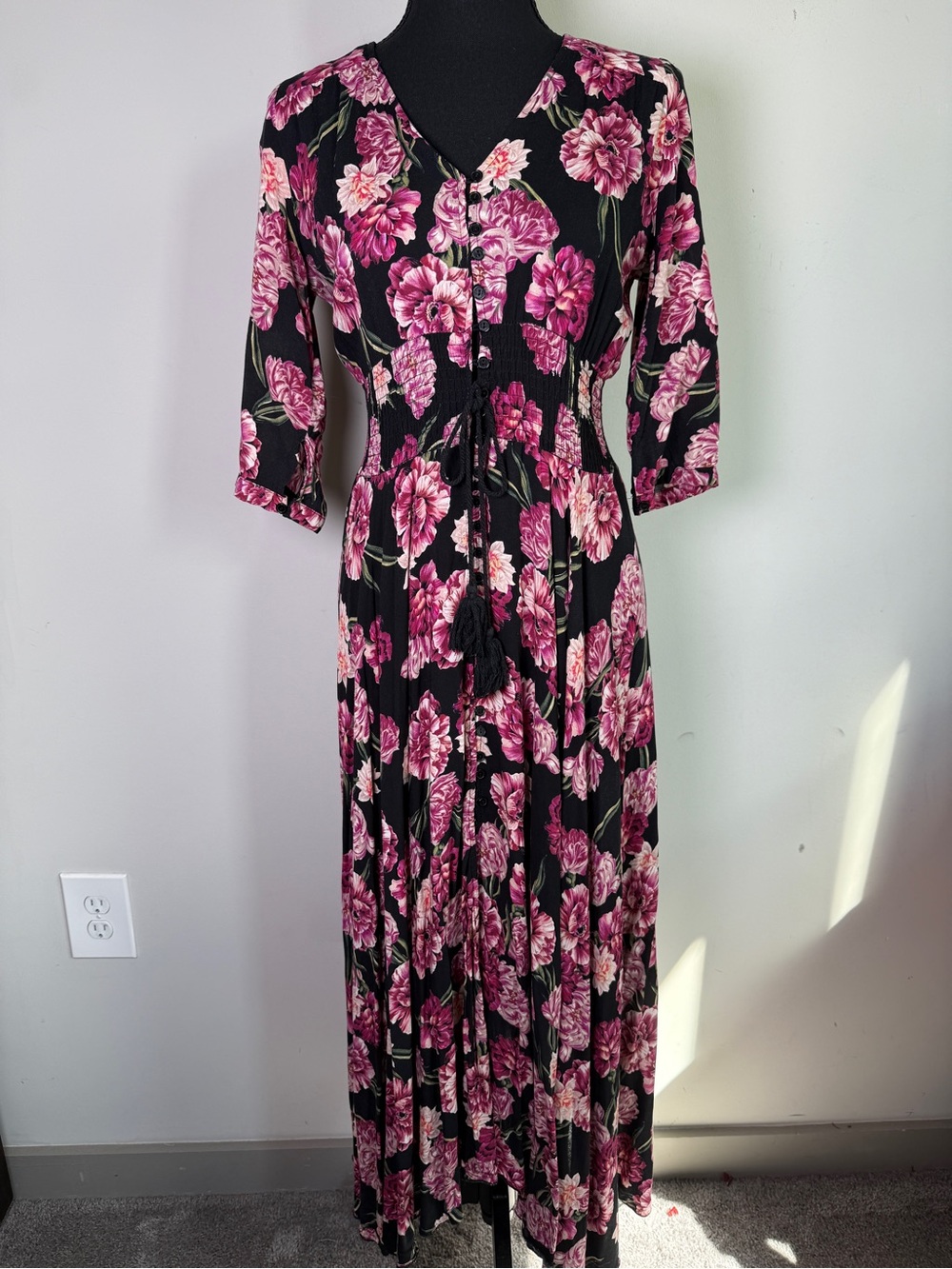 Jaase Black Floral Button Front Maxi Dress Smocked Waist Prairie Sz M